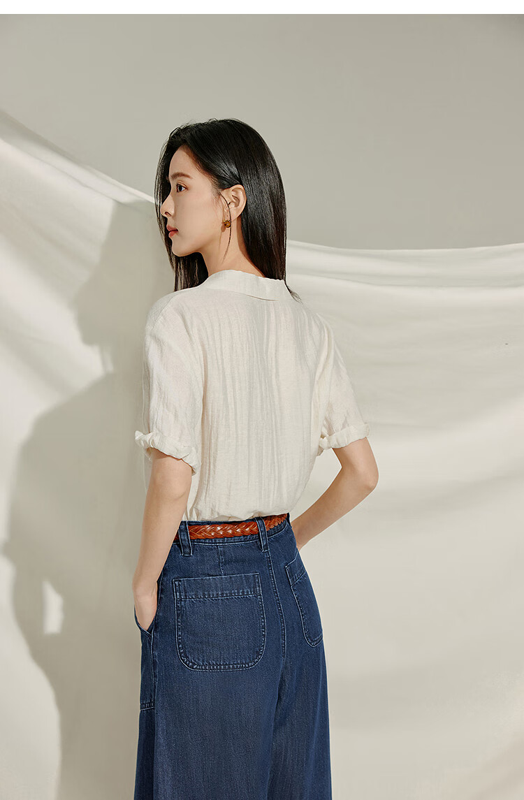 INMAN Summer 2026 Women's Blue Short Sleeve Linen Wrinkle Texture Shirt Light Blue XL 17