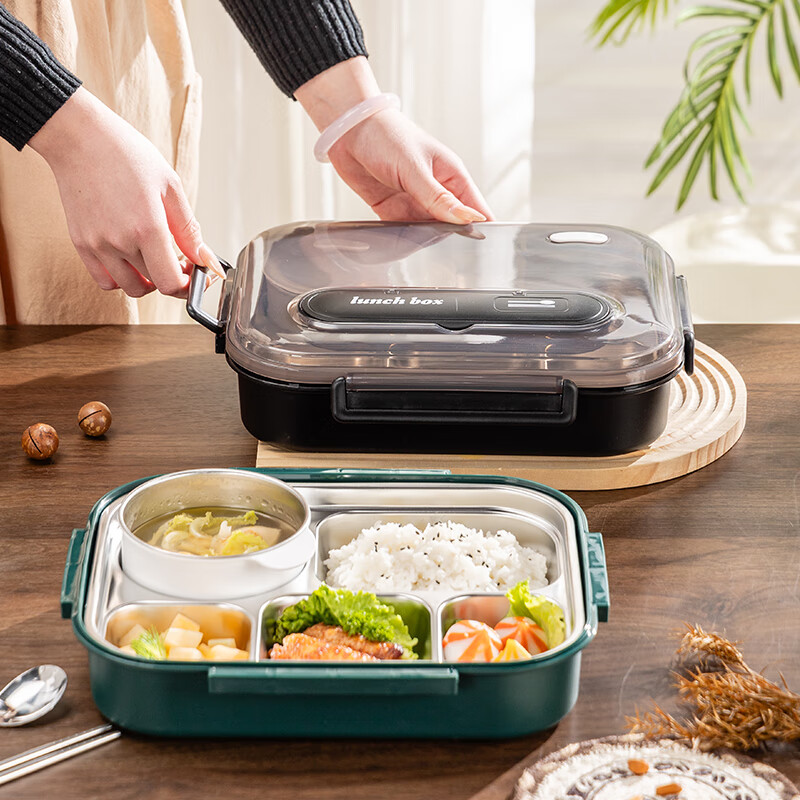Guangyi 304 Stainless Steel Lunch Box for Students And Office Workers with Insulation, Black, Large 5 Compartments with Soup Bowl GY1397