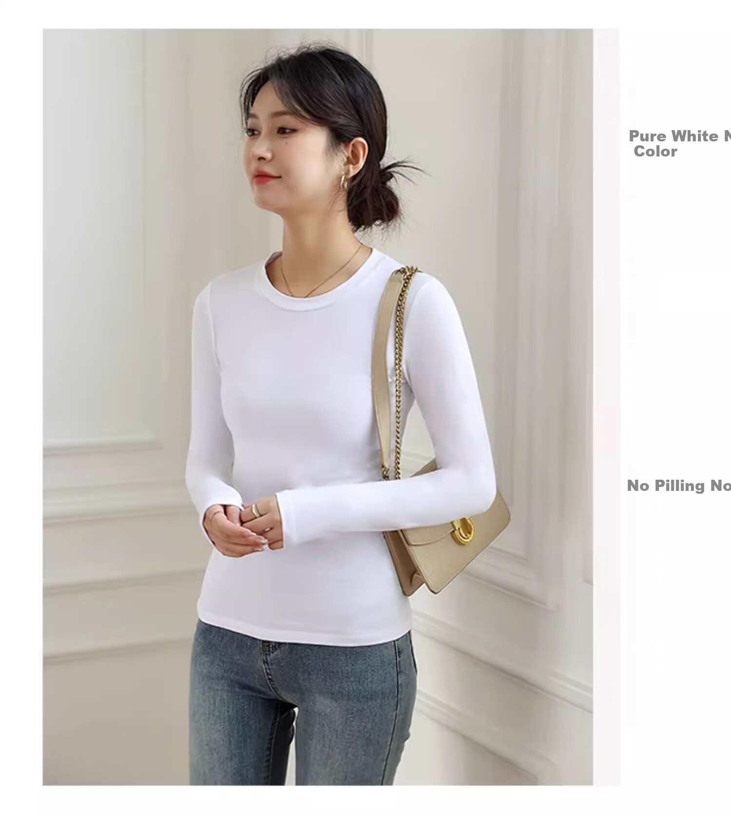 NOME Women's Base Layer Top, Autumn New Style, Small Round Neck, Inner Wear, Long Sleeve, Slim Fit, Outer Wear, Base Layer Top, White, M 9