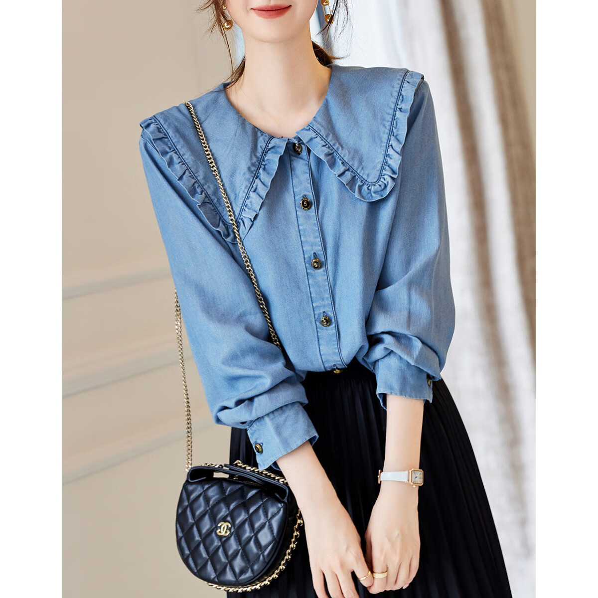 Dme Denim Shirt, Spring And Autumn Turndown Collar Long-Sleeve Shirt, Women's Top