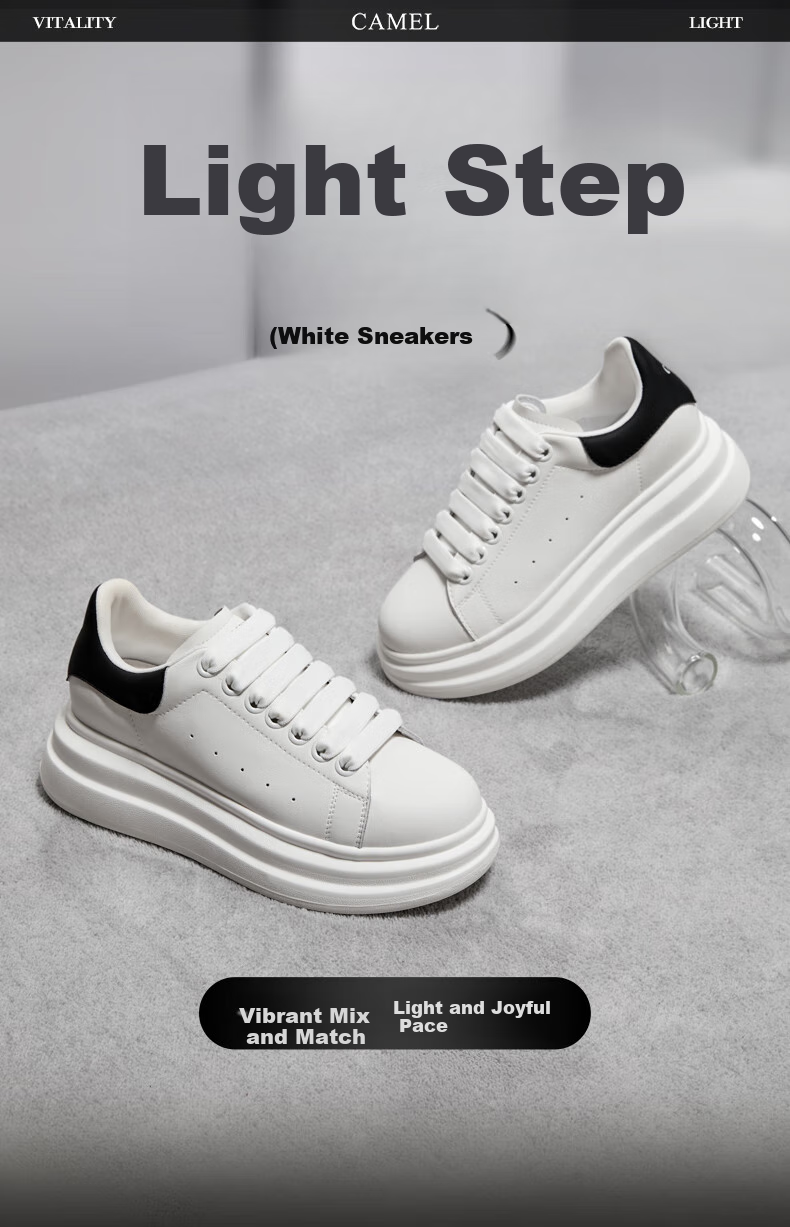 CAMEL Women's Canvas Shoes, Versatile And Classic White Sneakers, Height-Increasing Thick-Soled Casual Shoes, L25S548064, White/black, Size 35 5