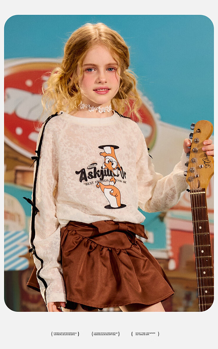 ASK JUNIOR Lace Children's T-Shirt, Girls' 2026 Autumn Pullover Undershirt, Long-Sleeve Contrasting Color Top, White, Size 110 7