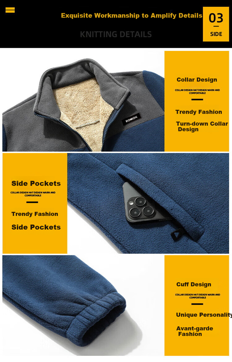 ROMON Jacket for Men, Autumn And Winter Trendy Baseball Jacket, Fleece Coat, Thickened Stand-Collar Fleece Outerwear, Men's Clothing ZR58 Black 3XL 6