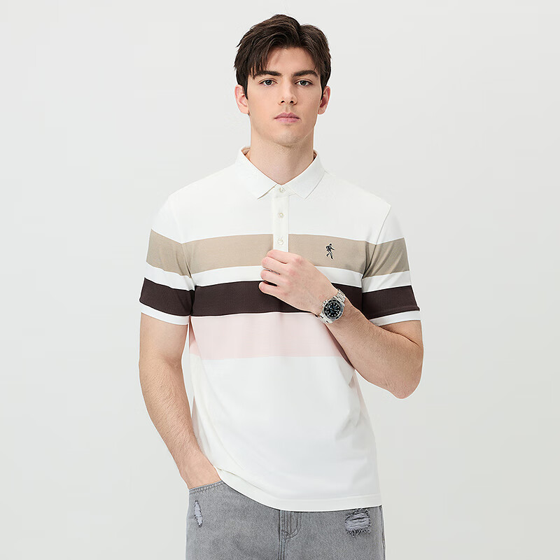 DANCING WOLVES [7A Antibacterial & Cooling] Contrasting Striped Mulberry Silk Men's Short-Sleeve POLO 803 Pure White M (170)