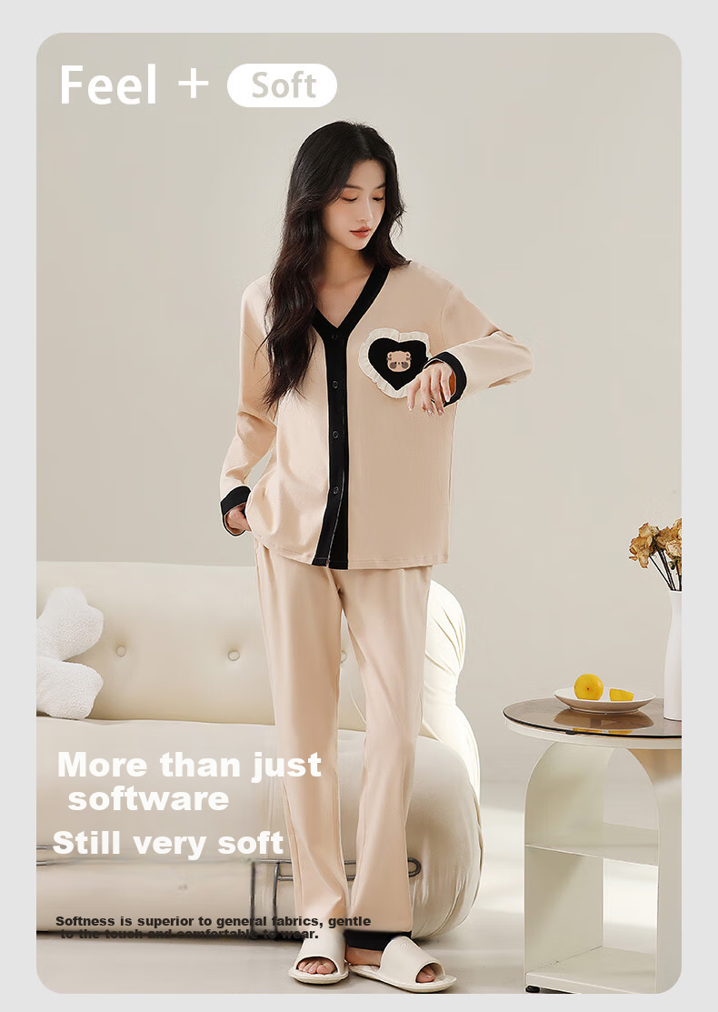 Yiershuang [100% Pure Cotton] Women's Pajamas, Spring And Summer Long-Sleeve V-Neck Cardigan, Printed Loungewear Set, Loose-Fitting for Outdoor Wear 2