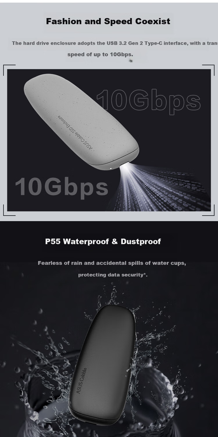 ASUS Cobble Gray M.2 High-Speed Portable SSD Enclosure NVMe and SATA Dual Protocol IP55 Waterproof Dustproof 10Gbps 3
