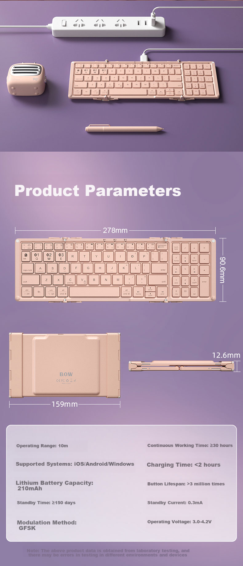 BOW Hangshi HB166 Foldable Wireless Bluetooth Keyboard, 79 Keys, Compatible with IPad, Tablets, Smartphones And Computers for Office Use, Small Keyboard, White 6
