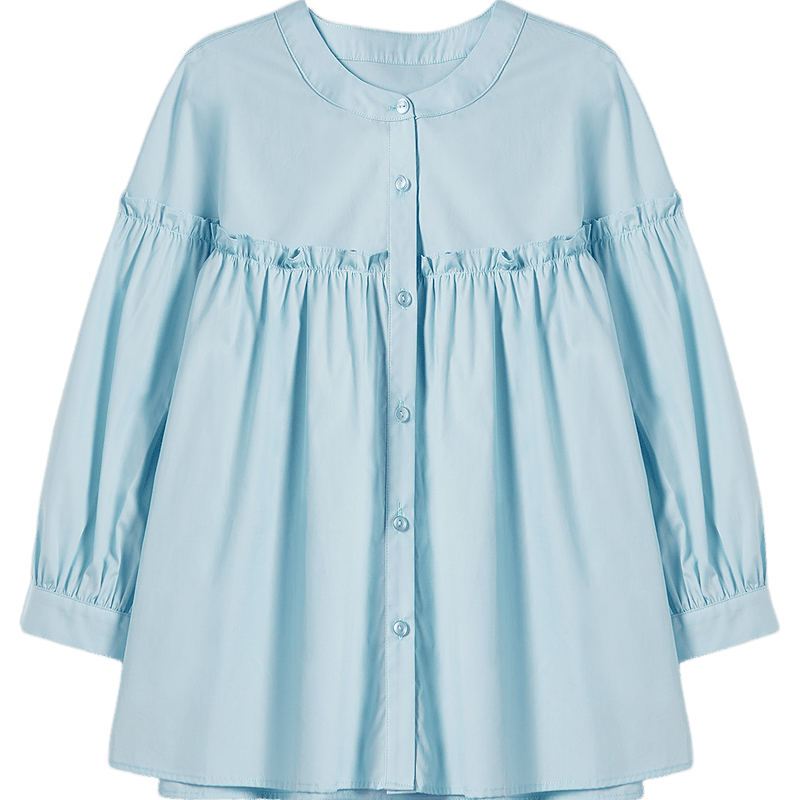 Dme [Gentle Trailer] Spring And Summer French Pure Cotton Pleated Wrinkled Shirt with Ruffle Collar And Puff Sleeves Women's Blouse Top