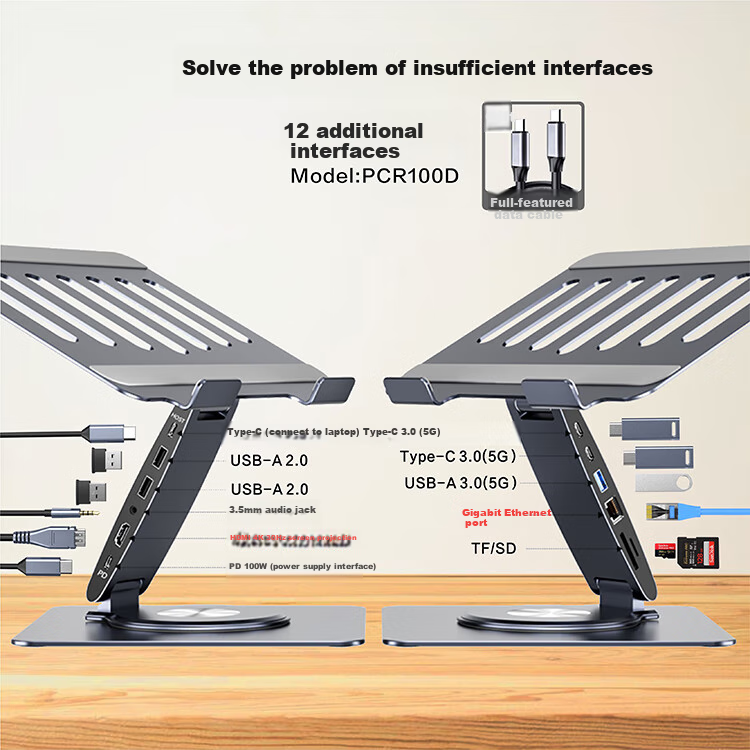 Hanzichen Laptop Stand with 12 Ports Type-C Expansion Dock, 4K30HZ HD Screen Mirroring, PD100W Power Supply, USB3.0 Data Transfer, Gigabit Ethernet Port, Aluminum Alloy Vertical Stand 1