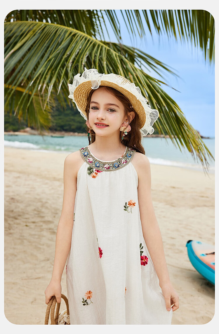 ASK JUNIOR Girls Summer Dress Lightweight Embroidered Sleeveless Dress Beach Vacation Children's Dress White 4