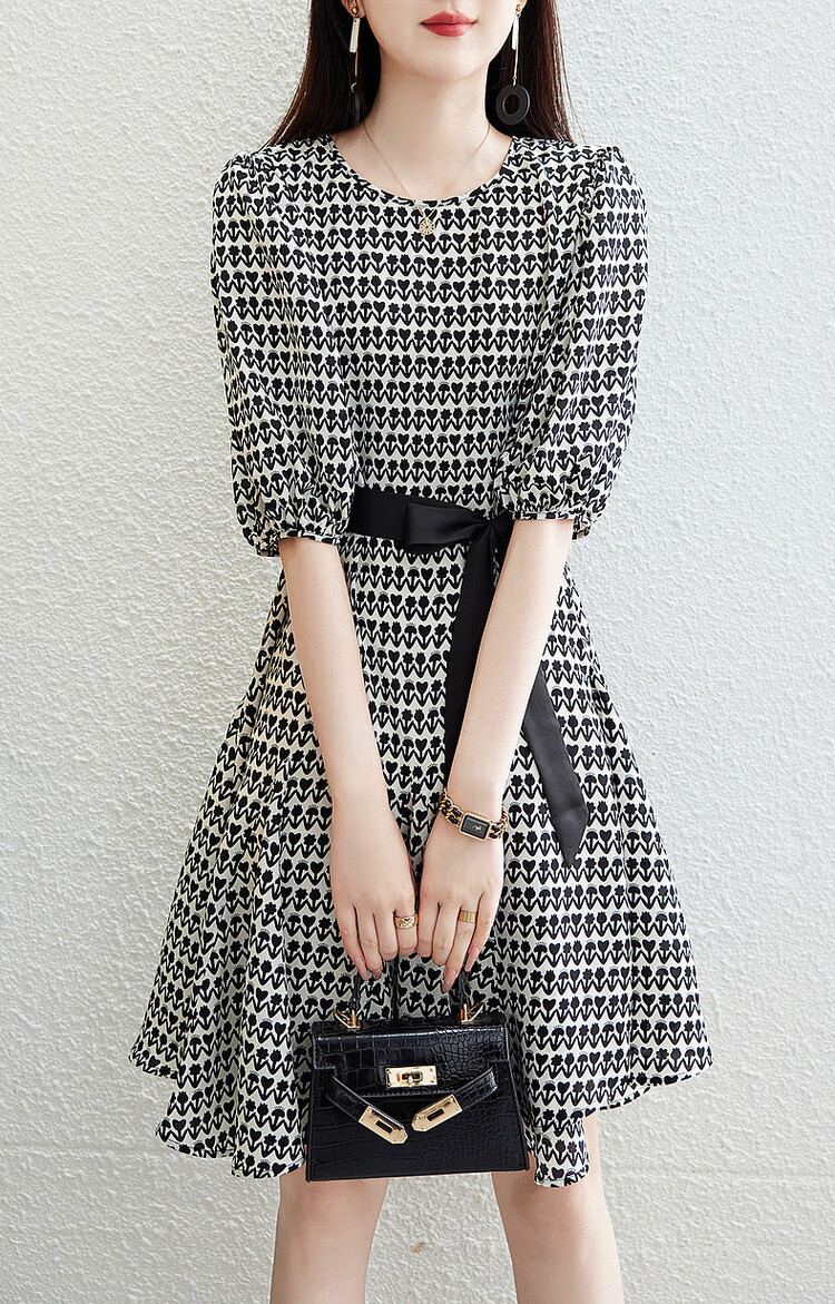 DME Floral Tie-Waist Flared Skirt New Round Neck Waist-Cinching Puff Sleeve Mid-Length Dress for Women Black XL 9