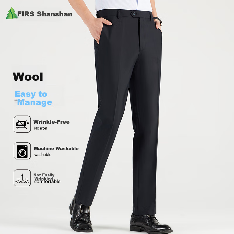 FIRS Men's Wool Dress Pants, Spring And Autumn Style, Wrinkle-Free Straight-Leg Casual Trousers, Professional Formal Pants, Suit Pants, Long Pants, Men's Clothing