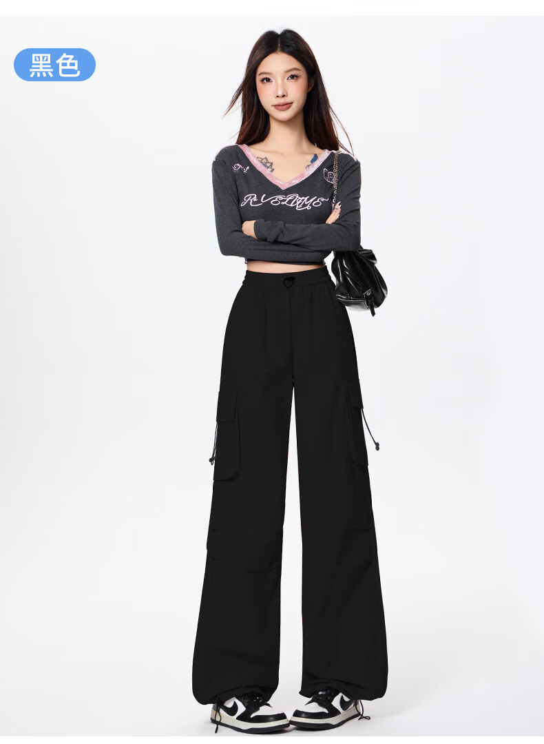 Langsha Women's Spring Summer Wide-Leg Cargo Pants American Style Hiking High-Waist Paratrooper Casual Street Dance Quick-Dry Sports Pants 19