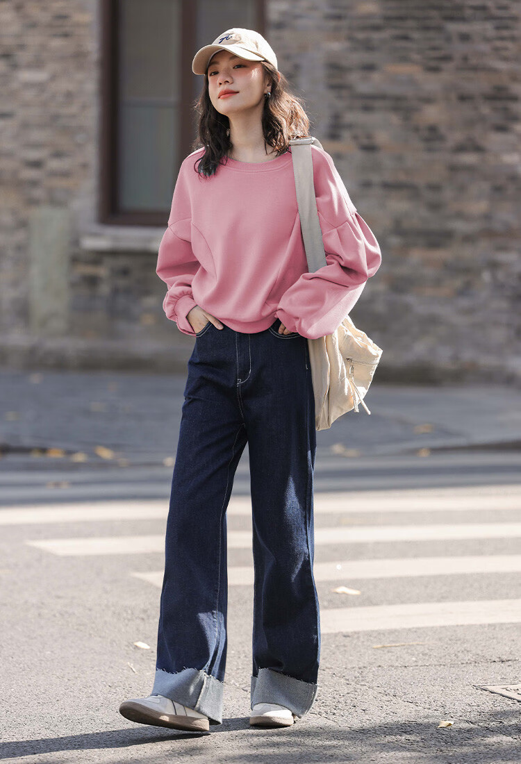 Dme [Raspberry Pink Short Puff Sleeve] Autumn Round Neck Drop Shoulder Puff Sleeve Plus Size Split Design Sweatshirt 5