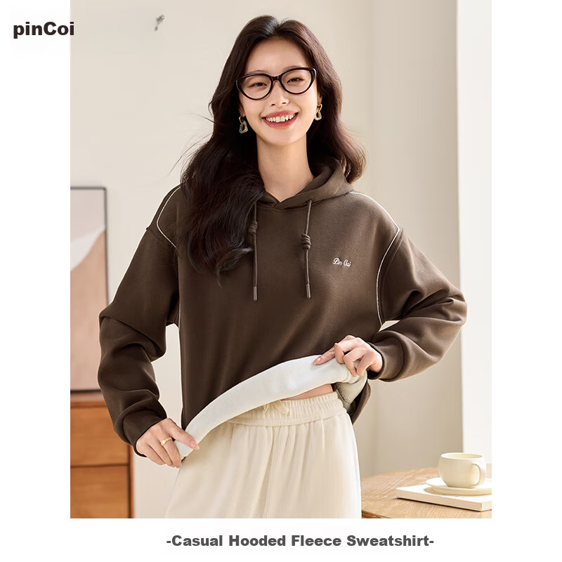 PinCai Fleece-Lined Sweatshirt for Women, Loose Drawstring Hoodie, Autumn And Winter Fleece-Lined Thickened Solid Color Jacket P144W2001