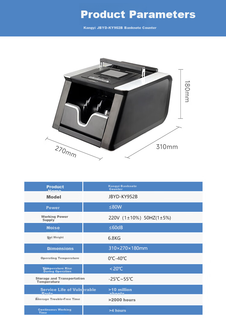 KONYEE Banknote Counter, Professional Banknote Counting And Verification Machine, Commercial And Home Use, Supports New RMB National Standard B-Class, Portable Banknote Counter, JBYD-KY952(B) 7