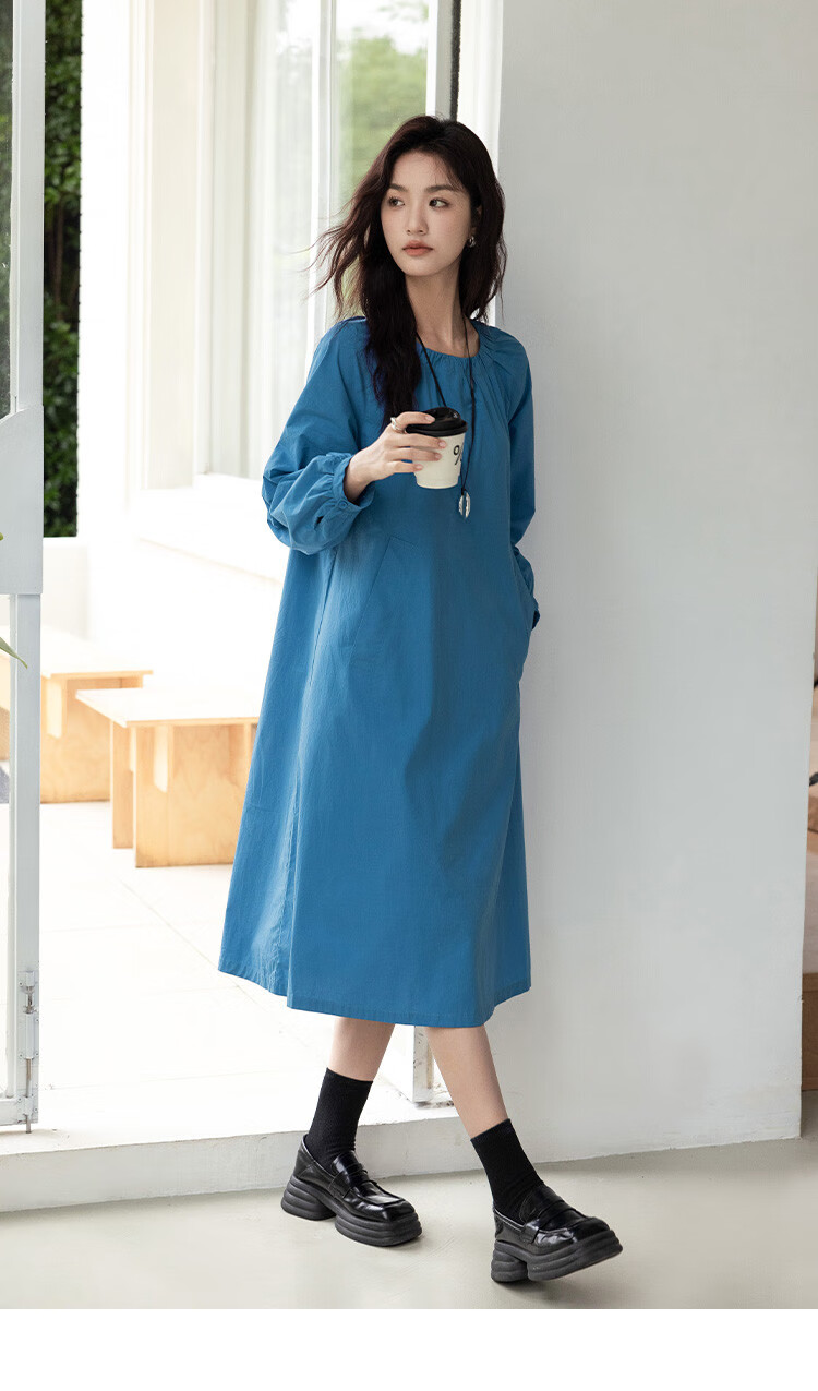 Dme Simple Healing Blue Long Dress Spring Autumn Round Neck Pullover Gathered Long Sleeve Mid-Length Dress 8