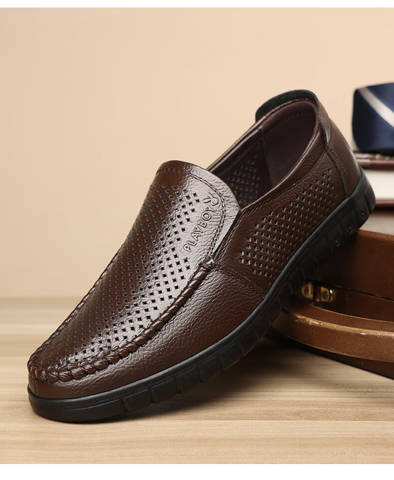 PLAYBOY Men's Summer Hollow Breathable Soft Leather Slip-On Business Casual Shoes Dark Brown Size 45 11