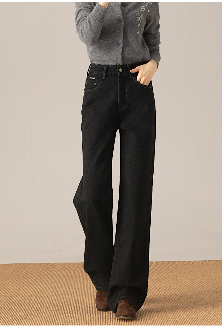Dme All-In Warm Fleece Jeans, Black High-Waist Loose Slim Straight-Leg Pants for Women, Winter Style, Black Fleece-Lined, Size 28 8