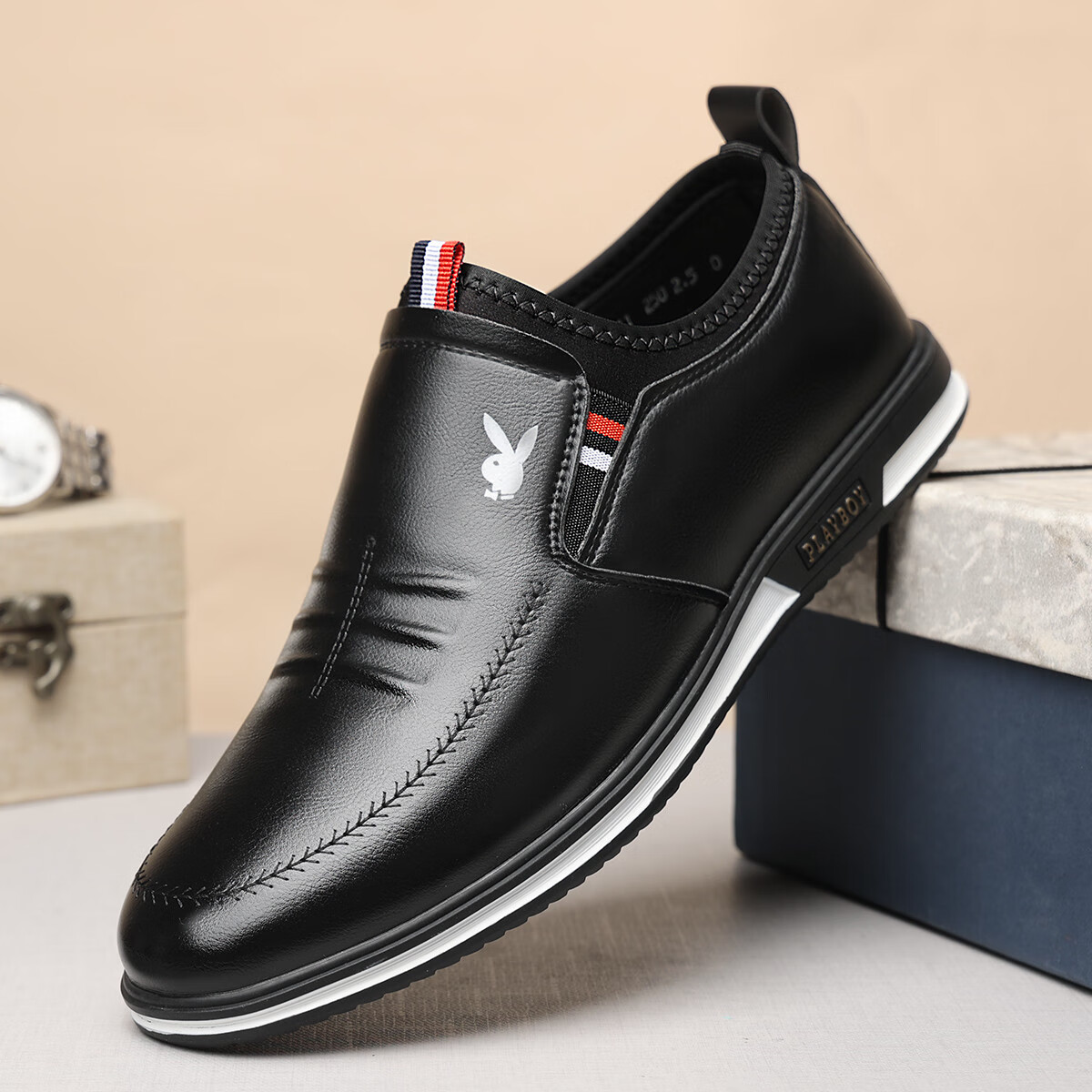 PLAYBOY Men's Shoes, Spring Lightweight Slip-On, British Fashion Trendy Casual Leather Shoes for Men, Black, Size 44
