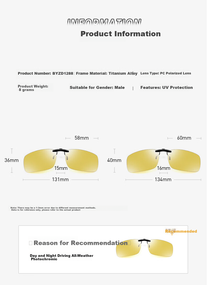 CAPONI Clip-On Sunglasses for Nearsightedness, Photochromic Polarized Night Vision Glasses for Men And Women, Driving-Specific Sunglasses, Day And Night Use, Anti-Glare 10