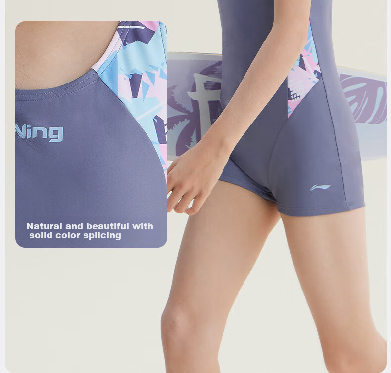 Li-Ning Youth Swimsuit, Girls' Comfortable Sports One-Piece Sleeveless Boyleg, Professional Training Swimwear, 0011 Gray-Purple, Size 160 6