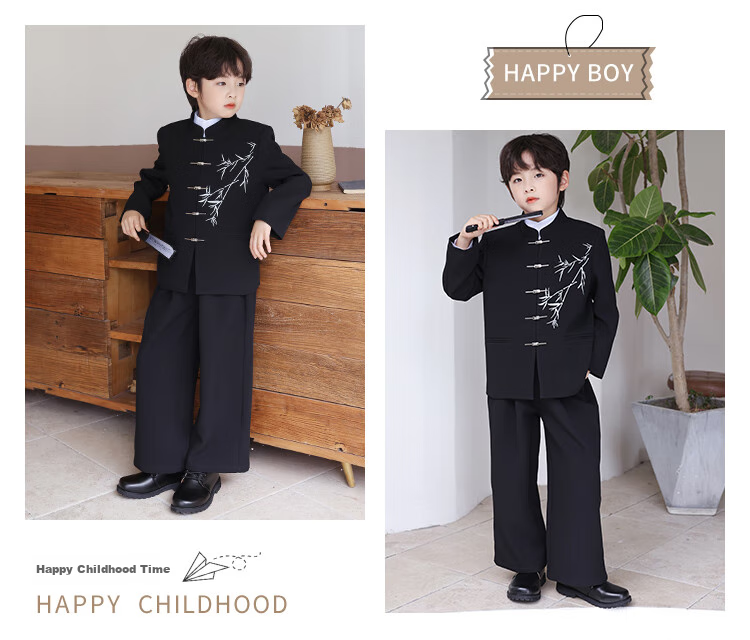 LUOBOBEIBEI Boys' New Chinese-Style Formal Wear, Ethnic Style Jacket, Children's National Style Tang Suit Performance Costume, Black Two-Piece Set, Size 140 13