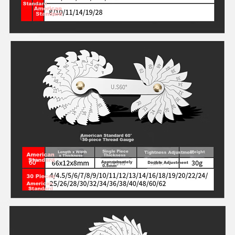 Mici Thread Gauge Template Ruler Screw Measuring Tool Thread Gauge Ruler Screw Gauge, Imperial 55° - 28 Pieces 9