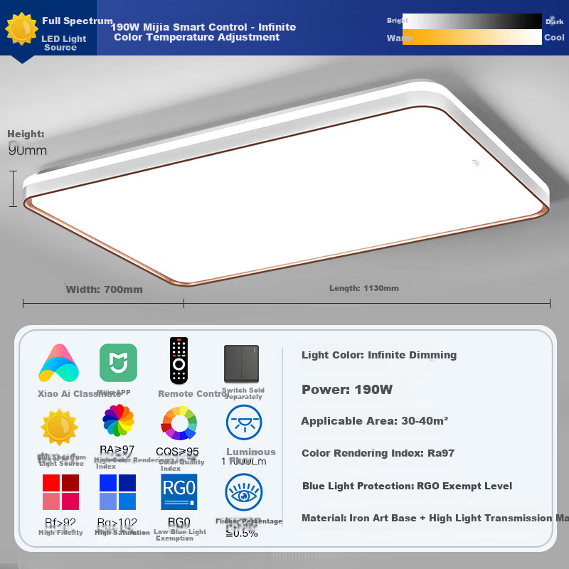 Foshanzhaoming Living Room Ceiling Light, Simple Eye Protection, Dimmable LED Comfortable Muguang 190W Yuxi