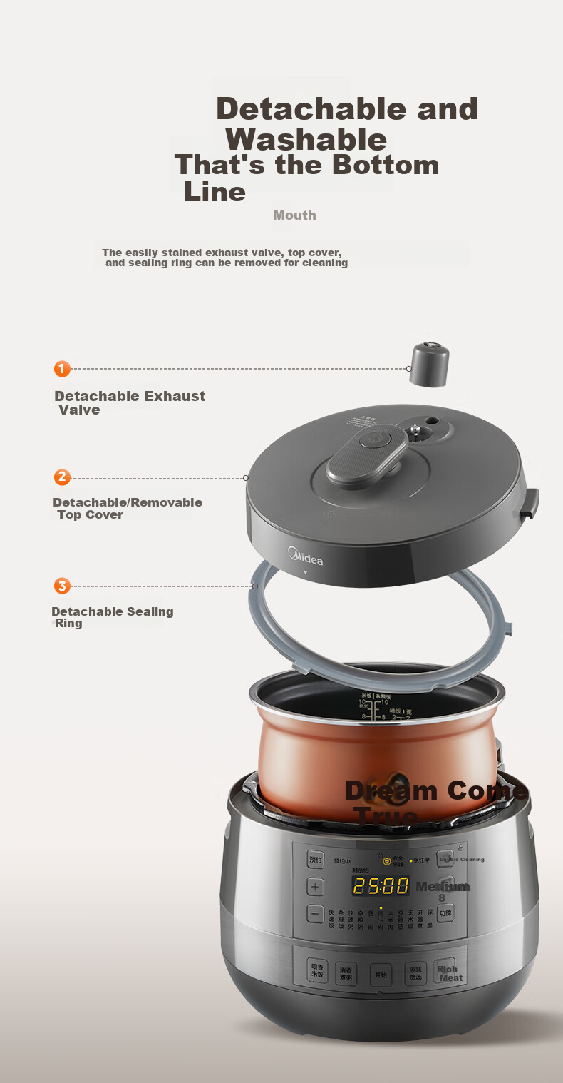 Midea 0 Coating Thick Steel Pot Electric Pressure Cooker 5L Double Inner Pot Fully Automatic Intelligent Reservation Home Soup Cooking Rice Pot MY-C5856G High-Pressure Cooker for 4-6 People 8