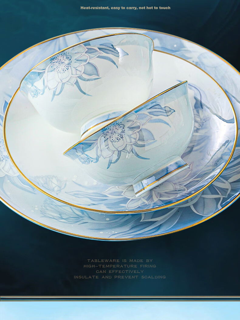 Luowei Jingdezhen Ceramic Dinnerware Set, Housewarming Bowl And Plate Set, Luxury High-End Feel for Home Use, 62-Piece Set 9