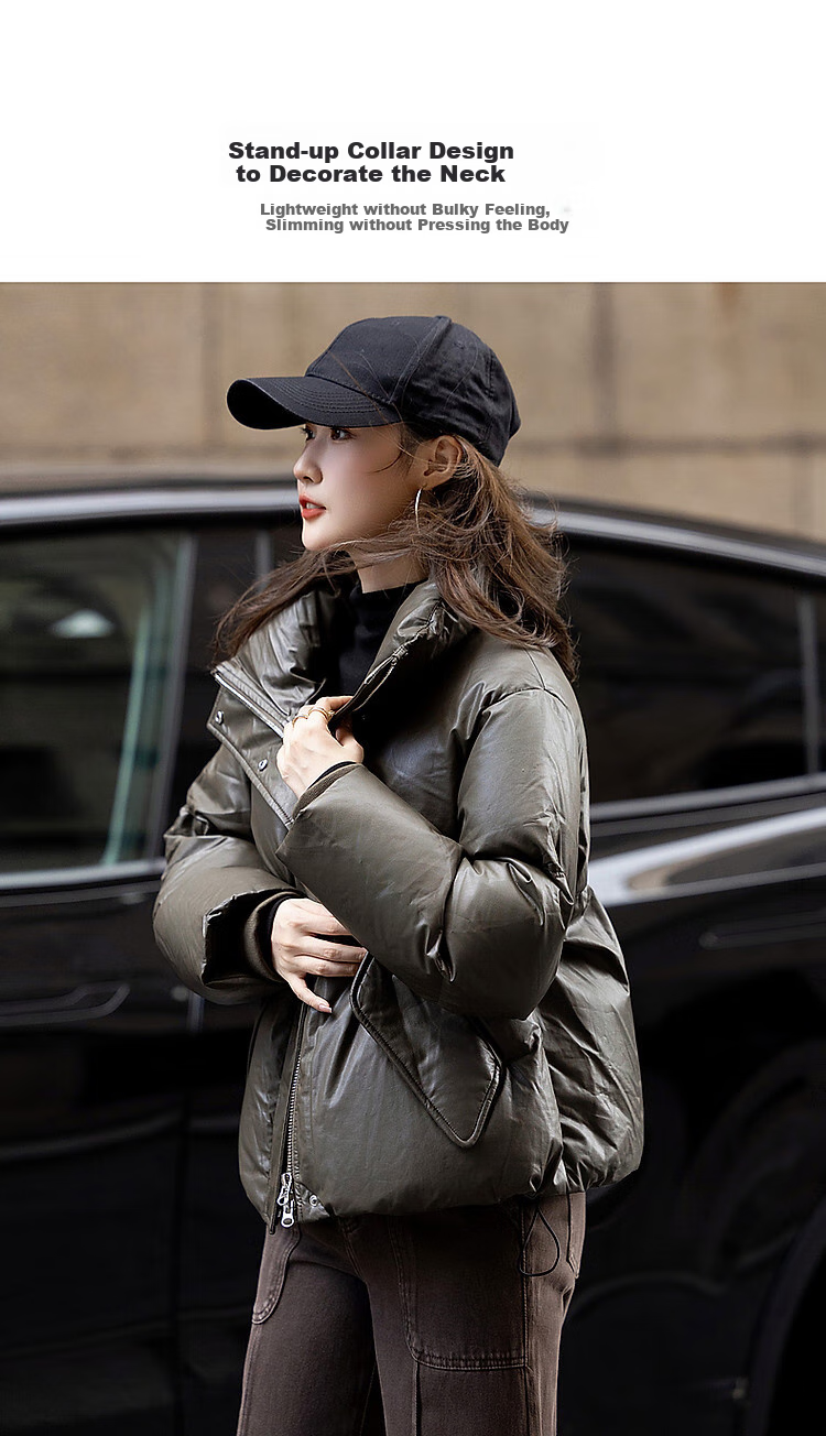 Dme [Washless Luxury Old-Style] Winter New Stand-Collar PU Loose Long-Sleeve Thick Warm Slimming down Jacket for Women, Short Style 5