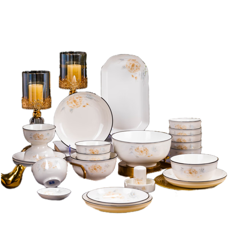 Haoya Jingdezhen Ceramic Dinnerware Set, Bowl And Plate Set with 68 Pieces, Golden Branch And Jade Leaf Soup Bowl Configuratio