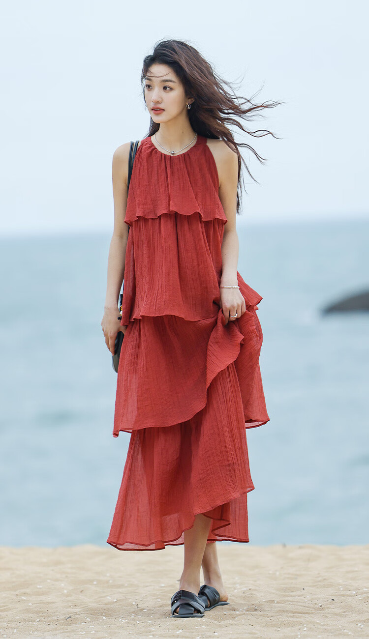 Dme [Heavy Workmanship Layered Spaghetti Strap Dress], Summer Vacation Style, Retro Brick Red, Elegant Cake Skirt 4