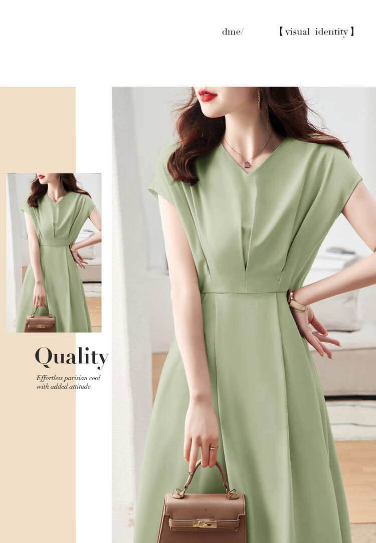 DME A-Line Skirt Summer Commuter V-Neck Short Sleeve Simple Mid-Length Dress for Women 11