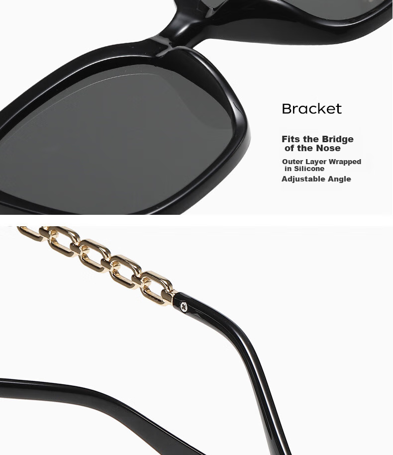 Boshide Sunglasses, Black Square Frame with Chain, Korean Style High-End Sun Protection, Black Gold Frame with Dark Gray Lenses 10