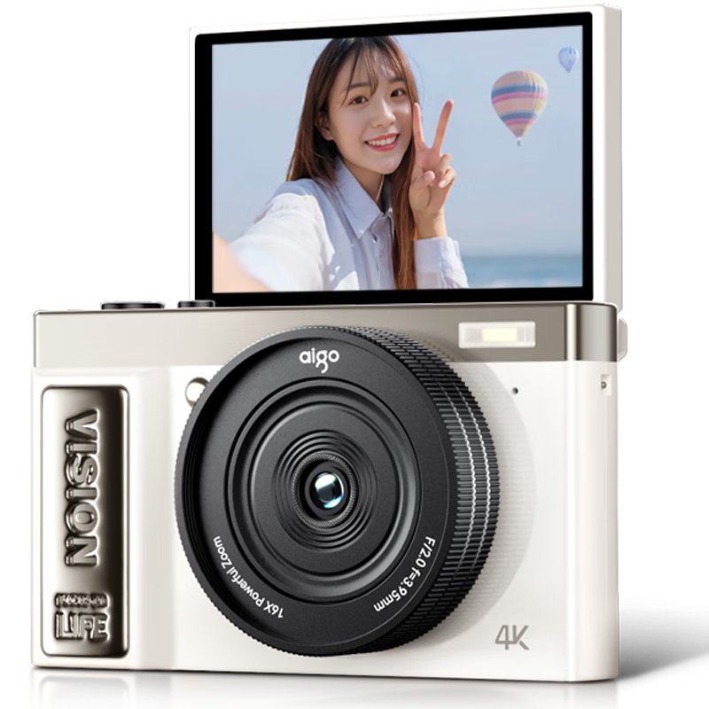 Aigo D9PRO/E9PRO, Flip Screen Selfie Student Digital Camera, Birthday Gift for Girls, Entry-Level Mirrorless Camera, Campus High-Definition Travel Alternative Ccd, White 32GB without Flash