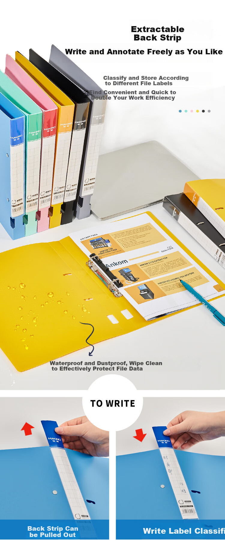 MAKINO 2-Hole D-Type Clip PP File Folder, Loose-Leaf Punched File Folder, Student Organizer, Office Business Supplies, Document Storage Report Folder, 200 Sheets Thin Yellow Storage Versio 6