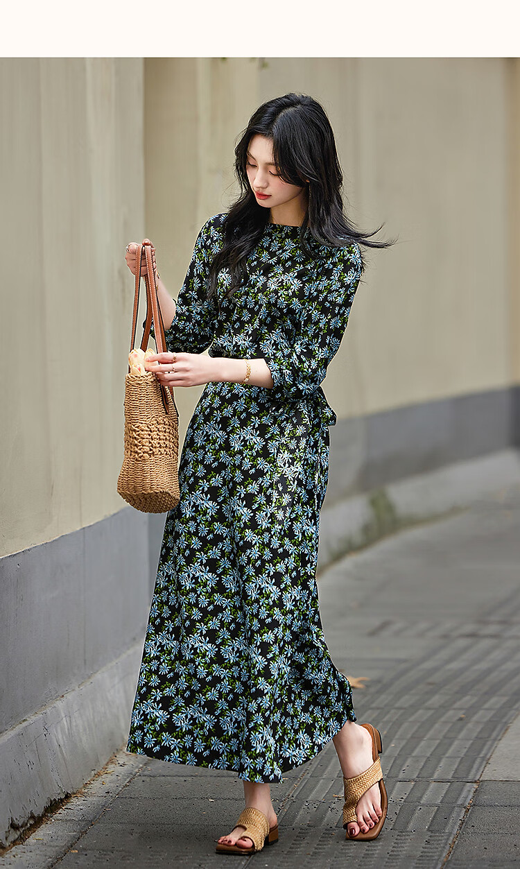 Demana Composite Silk Huayao Print Spring French Style Boat Neck Waist Cinched Floral Raglan Wrap Patchwork Women's Dress 8
