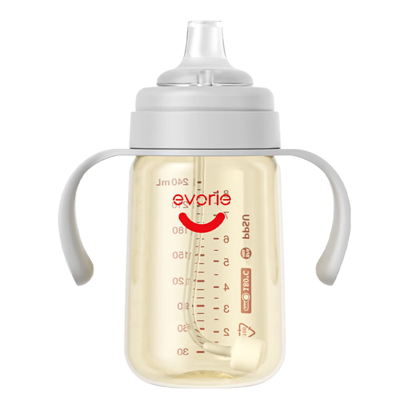 Evorie Baby Nipple Bottle for 6 Months And Above, Wide Neck with Handle And Gravity Ball, PPSU Bottle, 240ml Gray