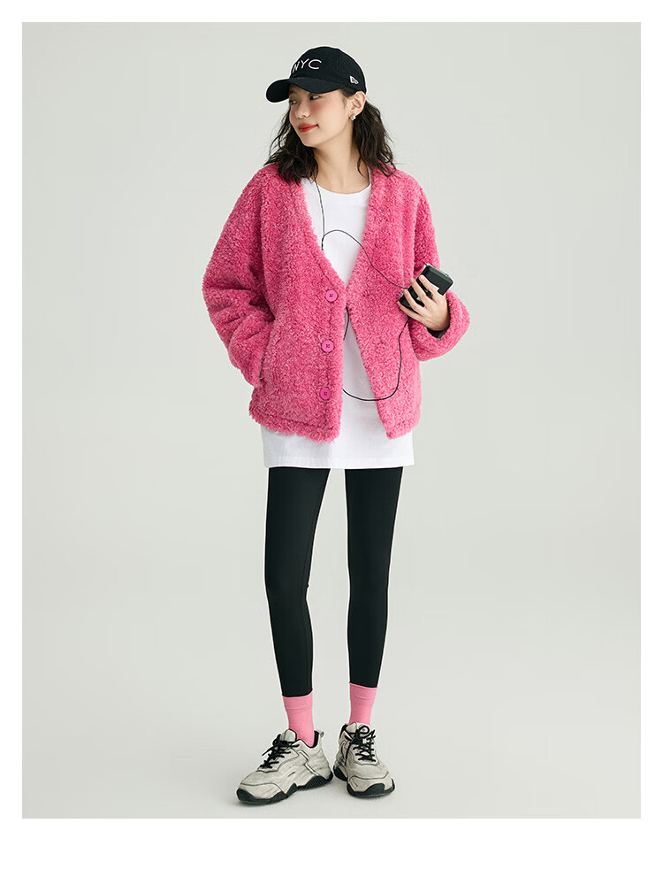 Dme Sunset Rose Knit Sweater Winter Pink Large Pocket V-Neck Energetic Sweet Girl Style Cardigan Honey Pink S 5