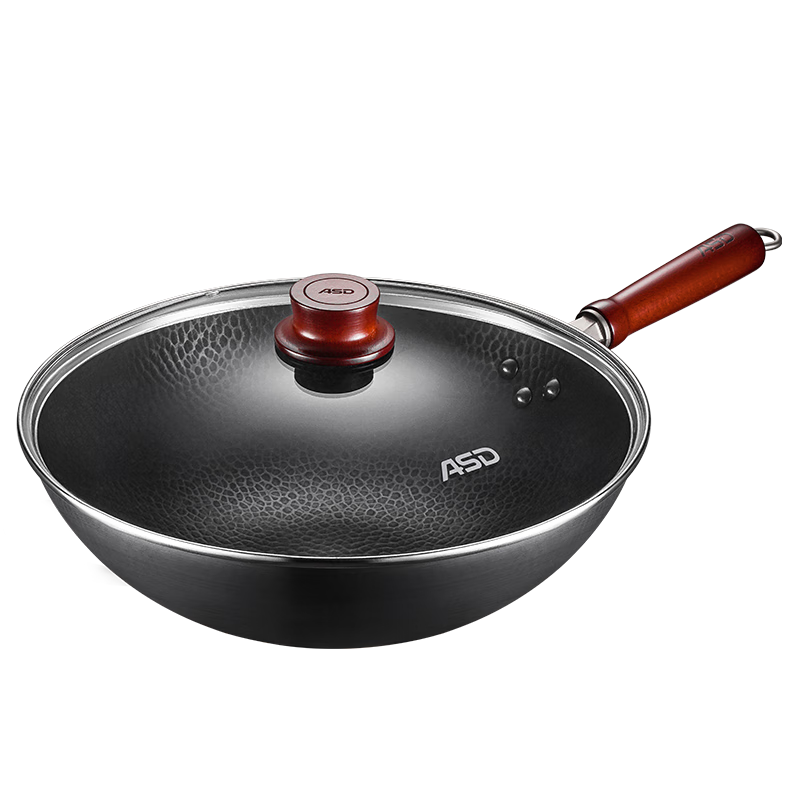 ASD Iron Wok Non-Coated Stainless Hammered Cast Iron Frying Pan 32cm for Gas and Induction Cookers A16