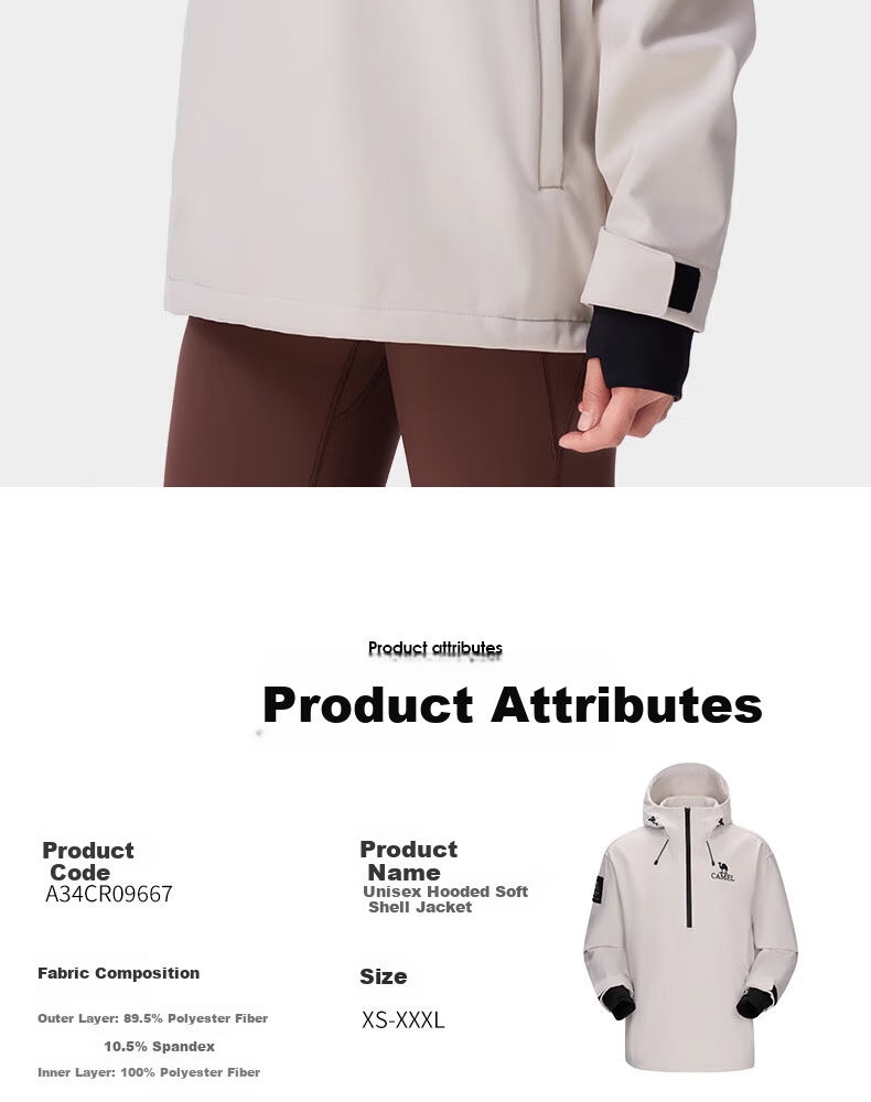 CAMEL Men's Water-Repellent Fleece-Lined Warm Jacket, Soft Shell Coat, Unisex Hooded Top A34CR09667 9