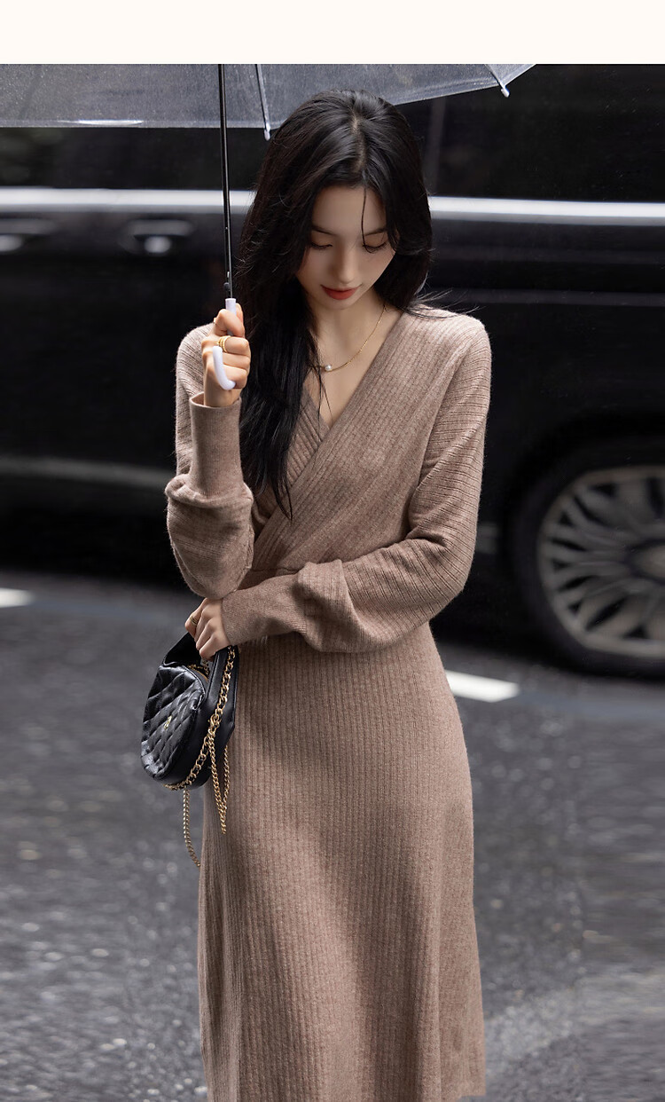 Dme [Lainviliyue] Spring And Autumn Cloud-Soft Elegant V-Neck Cross-Waist A-Line Bodycon Women's Dress 14