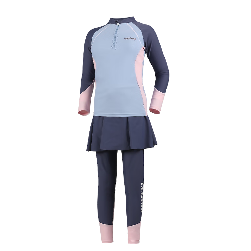 Li-Ning Children's Swimsuit, Girls' Long-Sleeve Sun Protection Two-Piece Professional Surfing Suit, Printed Long Pants, Swimming Gear, 0092 Blue, Size 140