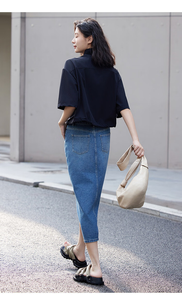 Dme [Ruffled Skirt] Autumn Casual Style Front Slit Triangle Design Denim Midi Skirt for Wome 9