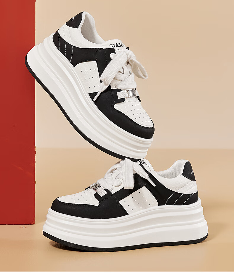 St&Sat Women's Thick-Soled Sneakers, 2025 Spring New Style Versatile Color-Block Casual Shoes SSD1112C55, Black, Size 37 14