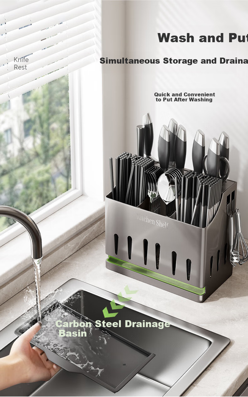Shuaishi Kitchen Storage Rack with Knife Holder And Chopstick Cage, All-In Stainless Steel Chopstick Storage Box, Chopstick Tube, Knife Rack, And Cutlery Holder 3