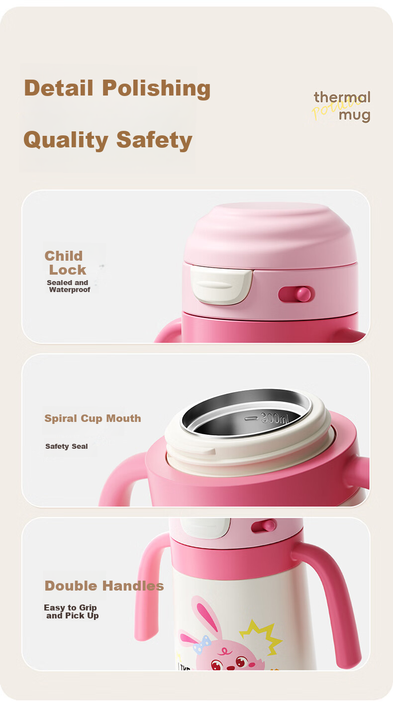 Potato Children's Insulated Cup with Straw, Baby Water Bottle, Portable Stainless Steel Cup for School, 300ml Pink 12