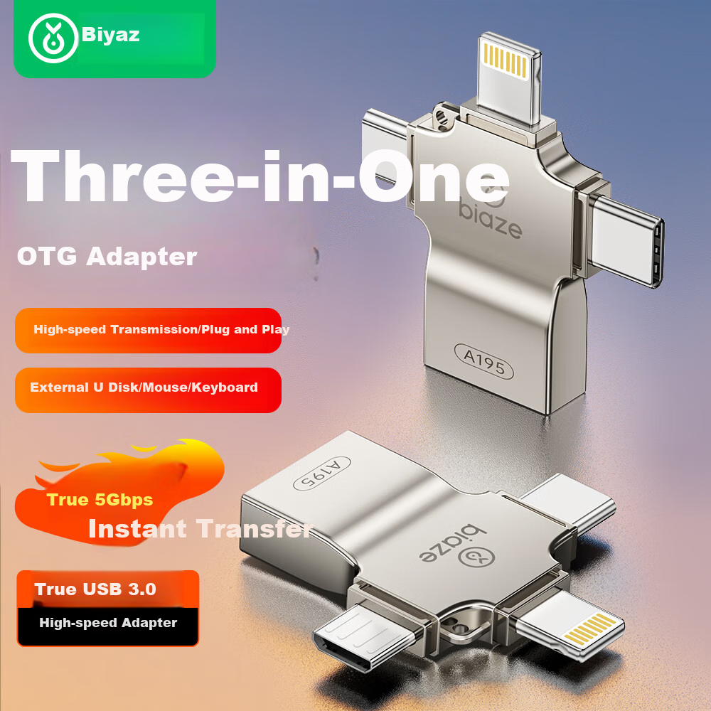 Переходник BIAZE OTG Три в одном Type-C, USB, Lightning, Android, черный